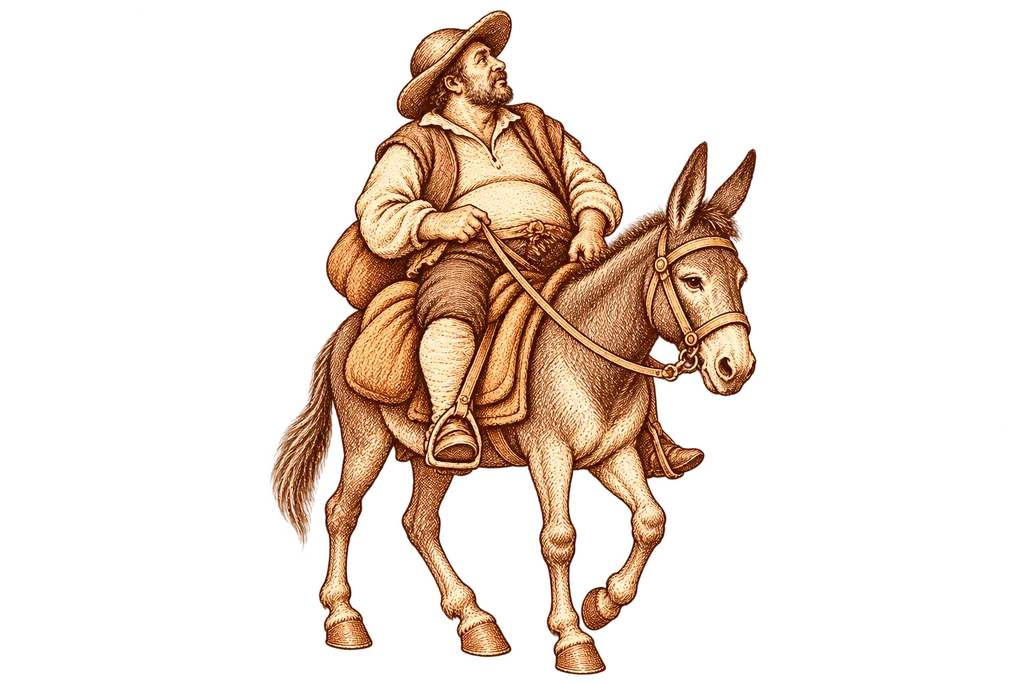 Sancho Panza junto a su asno, con ropa de campo.