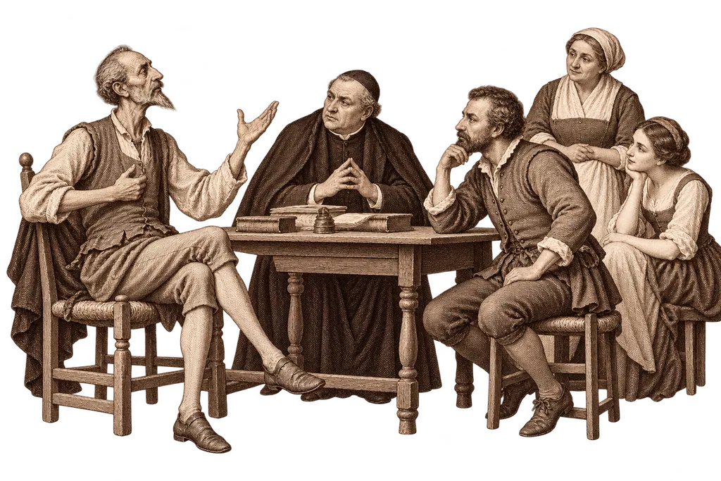 Don Quixote speaks at home with the priest and barber while the housekeeper and niece listen.