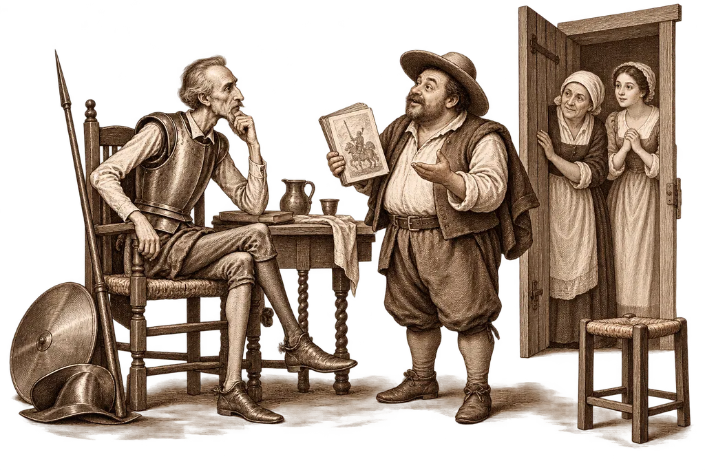 Sancho anuncia a Don Quijote que sus aventuras han aparecido en un libro.