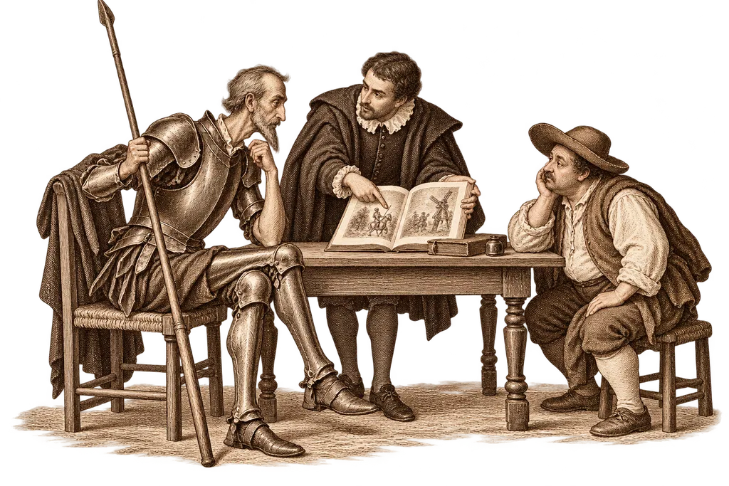 Sansón Carrasco comenta con Don Quijote y Sancho la historia impresa de sus aventuras.