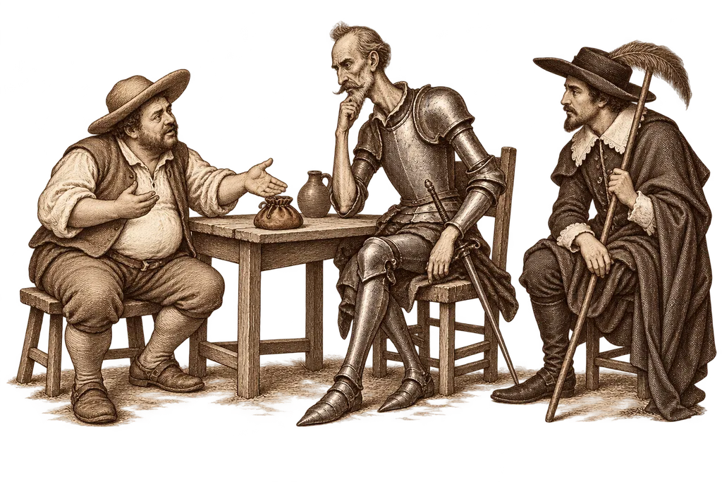 Sancho explica ante Don Quijote y Sansón Carrasco qué ocurrió con el asno y los escudos.