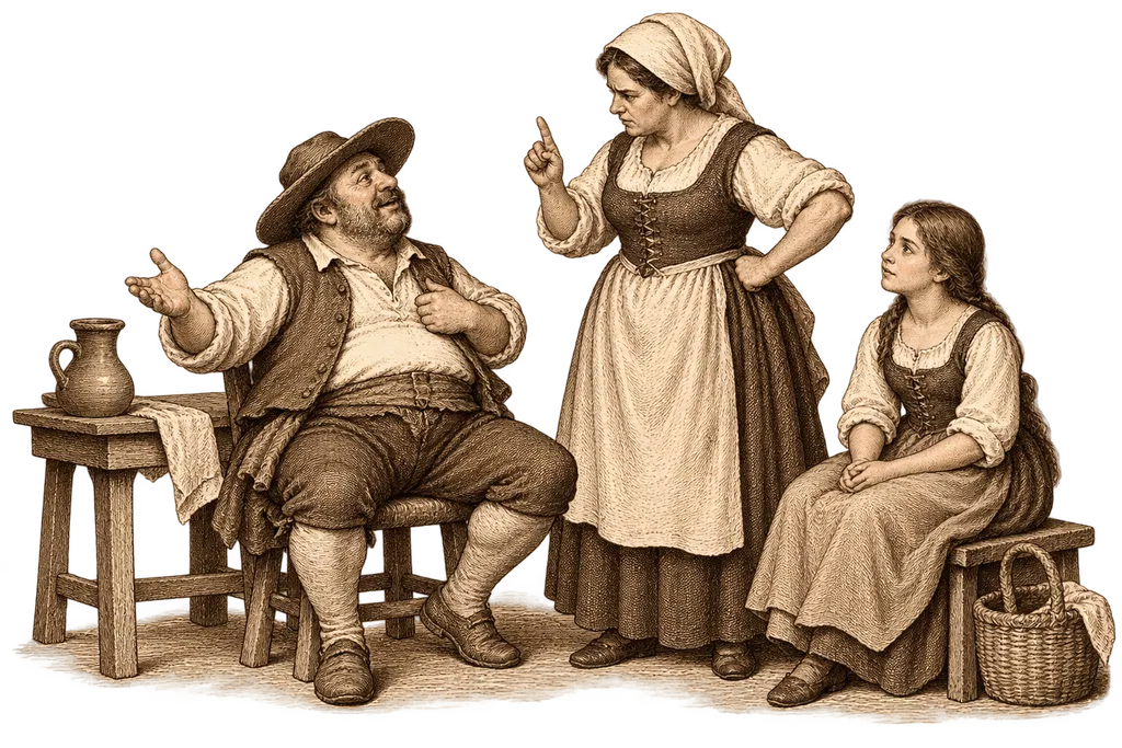 Sancho and Teresa discuss their family's future while their daughter listens.