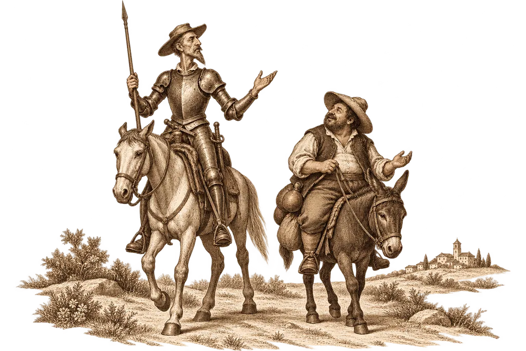 Don Quijote y Sancho conversan camino del Toboso.