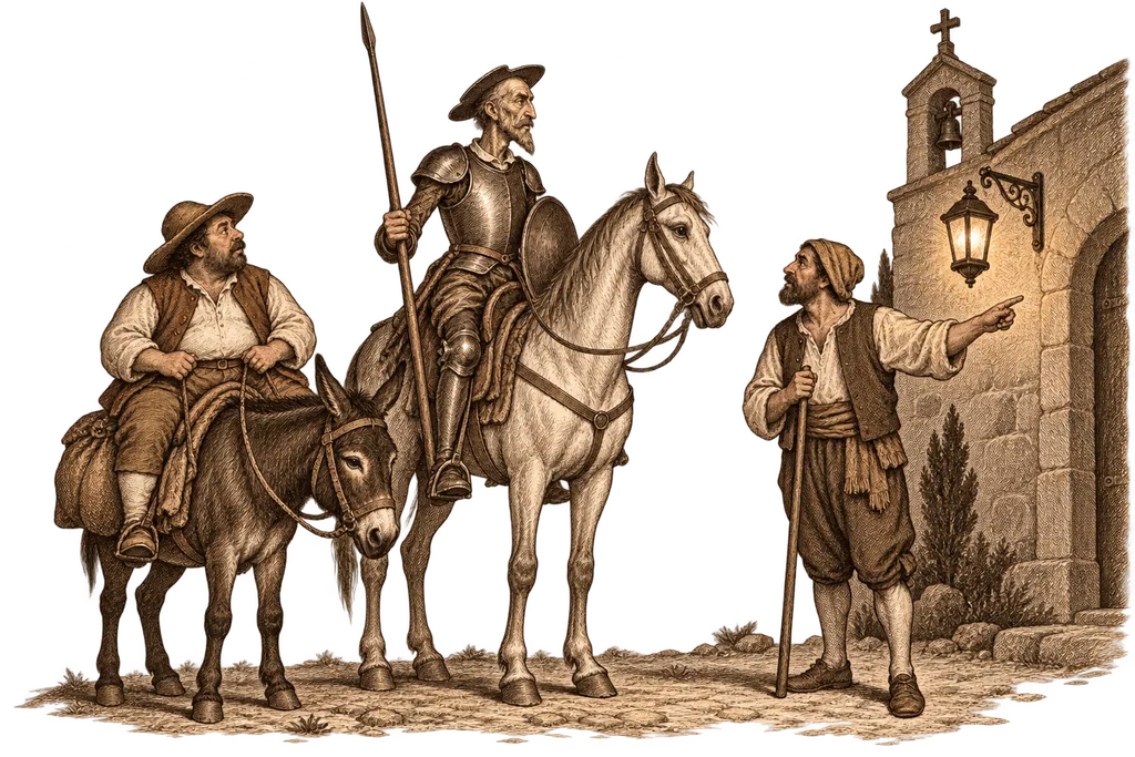 Don Quijote y Sancho buscan la casa de Dulcinea junto a la iglesia del Toboso.