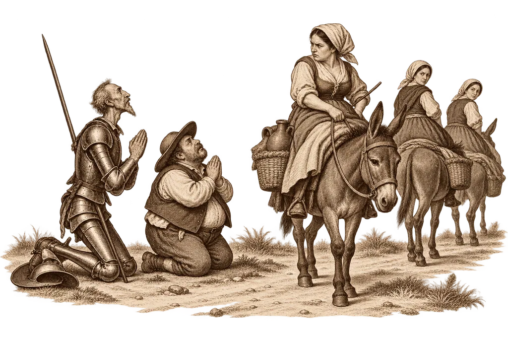 Don Quixote and Sancho kneel before a peasant woman whom Sancho calls Dulcinea.
