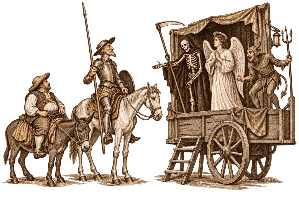 Don Quixote and Sancho meet the cart carrying the actors of the Courts of Death.