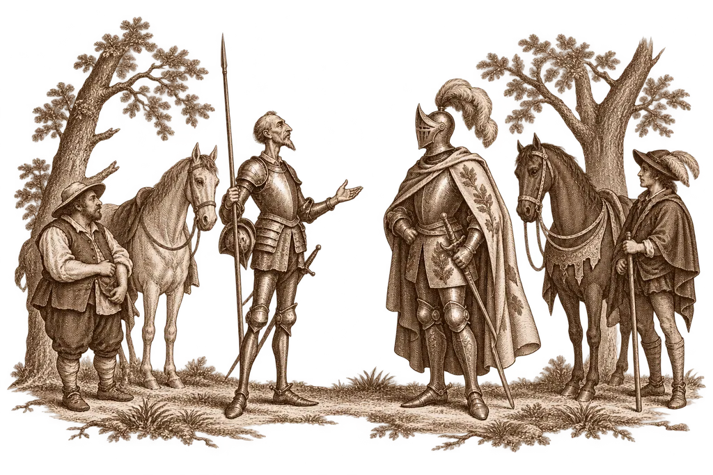 Don Quixote speaks with the Knight of the Wood while their squires listen.