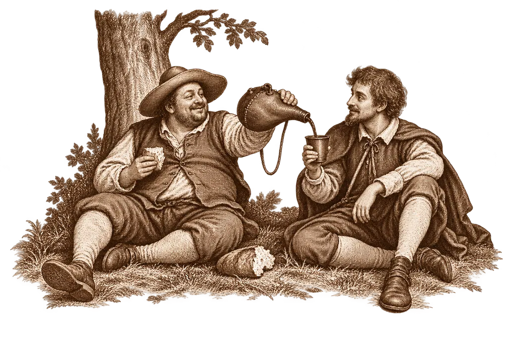 Sancho shares bread and wine with the Knight of the Wood's squire.