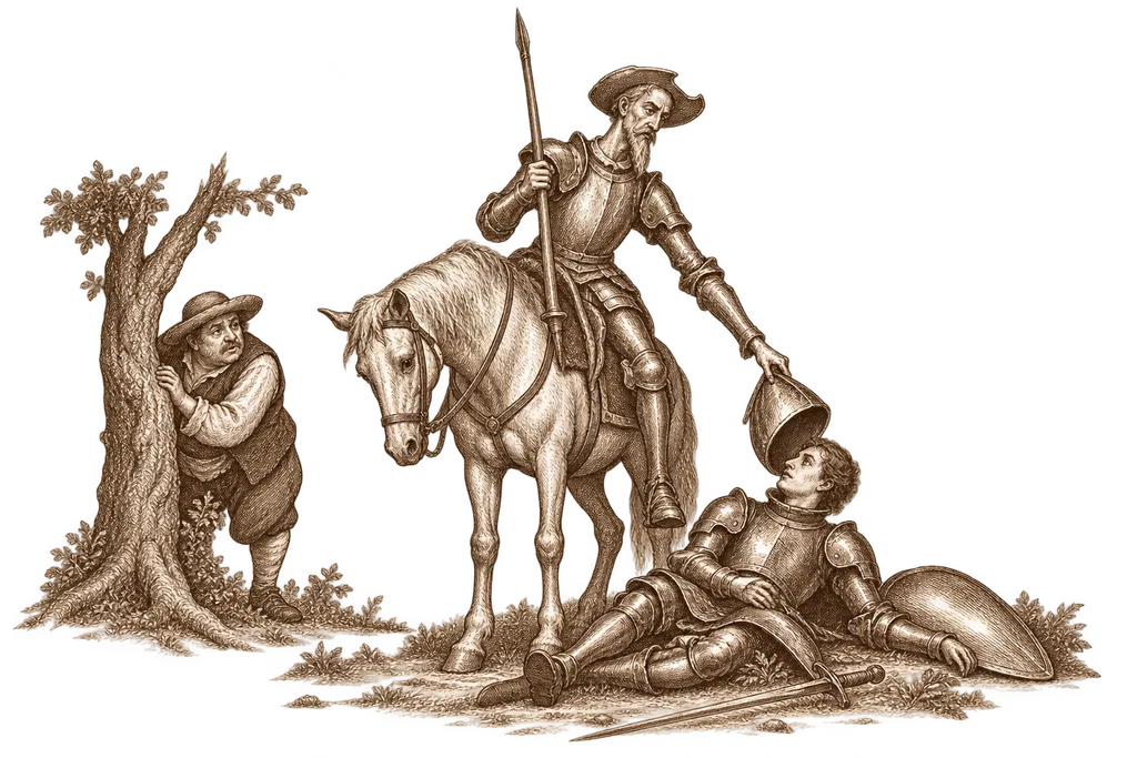 Don Quixote discovers Sansón Carrasco after defeating the Knight of the Mirrors.
