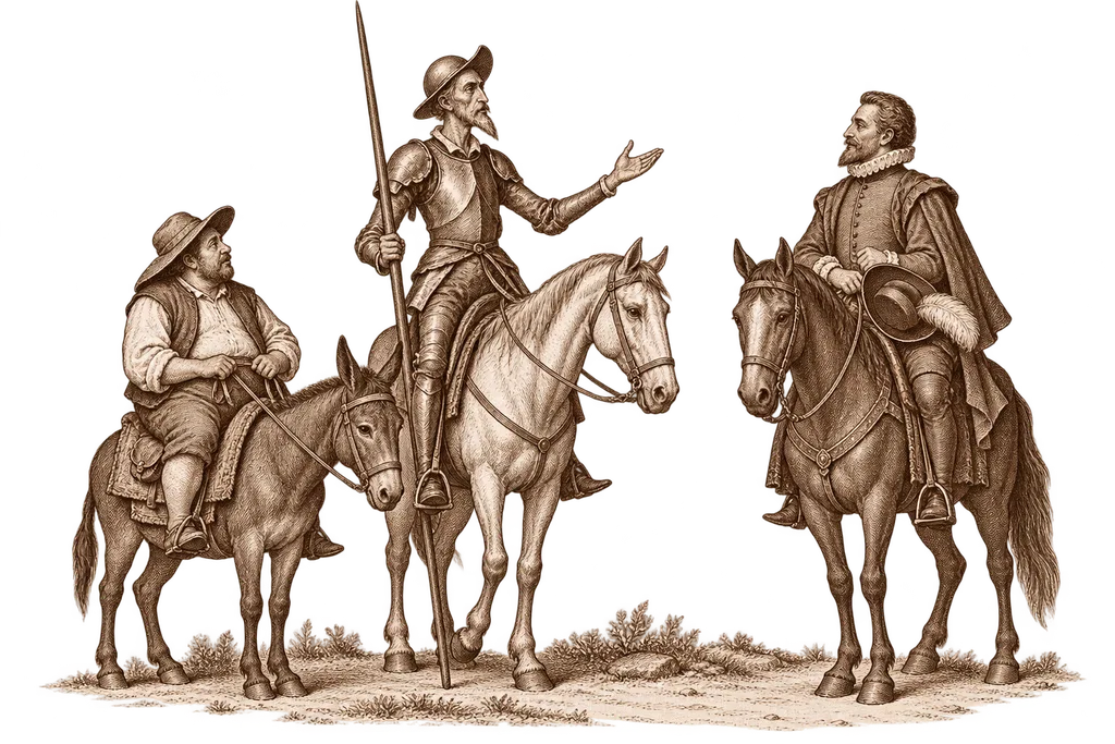 Don Quixote and Sancho meet Don Diego de Miranda on the road.