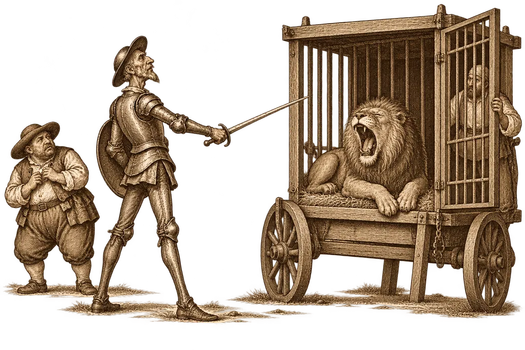 Don Quixote faces an open lion cage, but the lion refuses to emerge.