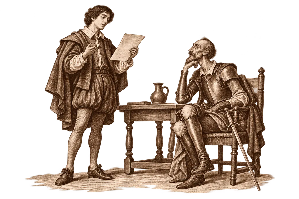 Lorenzo recites his poems to Don Quixote in Don Diego's house.