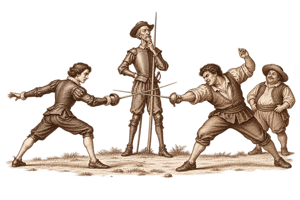 Don Quixote watches the fencing contest between the scholar and Corchuelo.