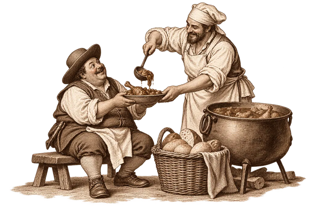 Un cocinero ofrece comida a Sancho en el banquete de las bodas de Camacho.