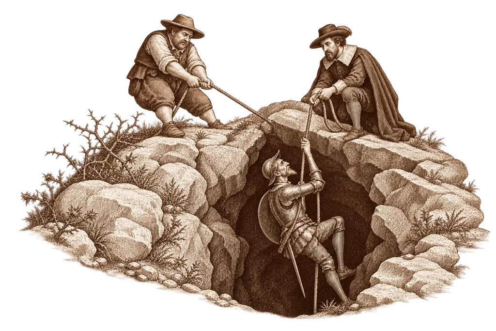 Sancho and the scholar's cousin hold Don Quixote's rope at the cave of Montesinos.