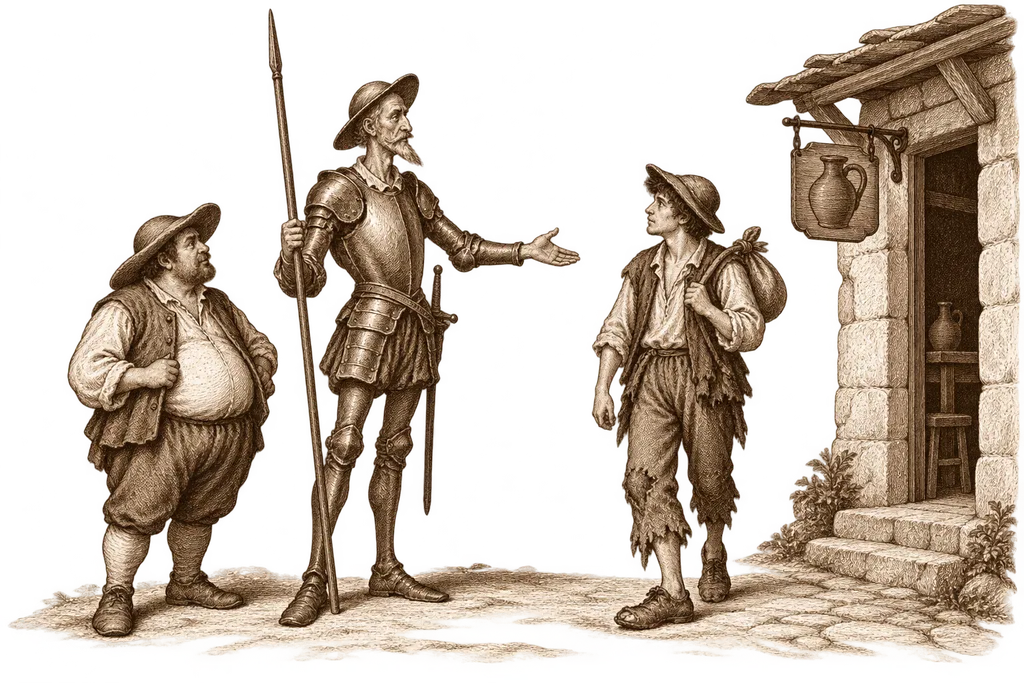 Don Quixote and Sancho speak with a poor young man going to enlist.