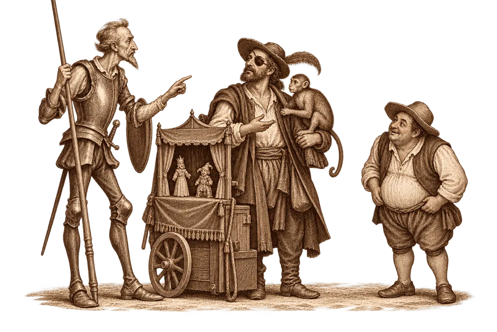 Maese Pedro presents his monkey and small puppet theater.