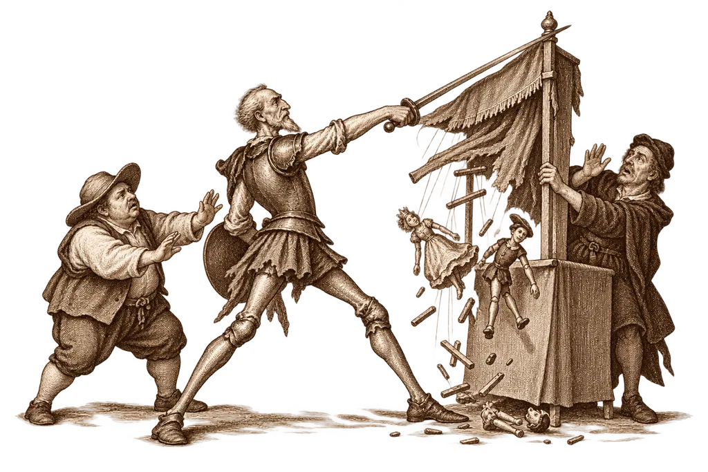 Don Quixote destroys Maese Pedro's puppet theater to save its characters.
