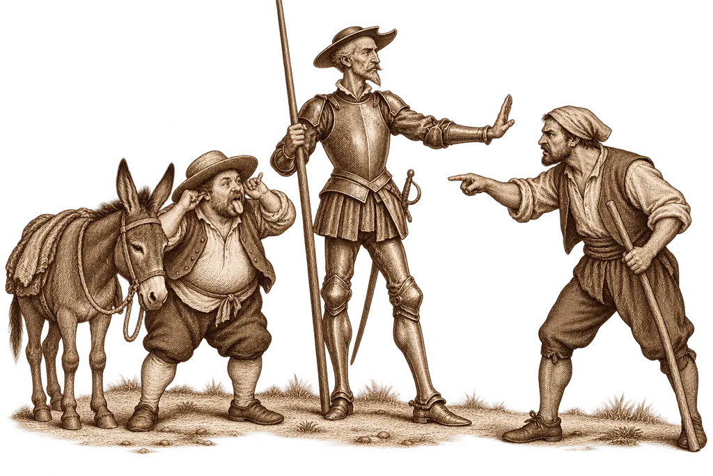 Don Quijote intenta calmar a los aldeanos del rebuzno mientras Sancho interviene.