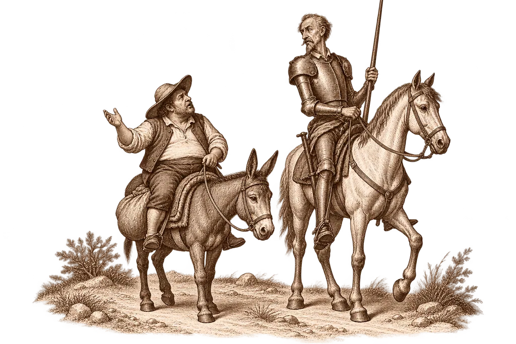 Sancho complains to Don Quixote about his injuries and returns to the question of pay.