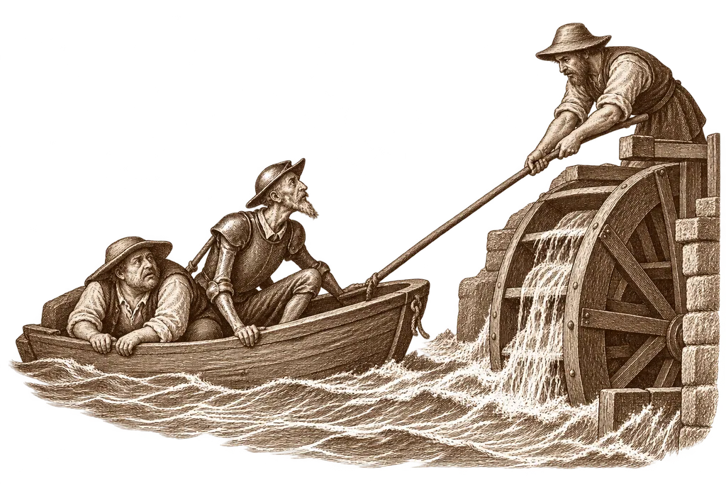 A miller tries to rescue Don Quixote and Sancho's boat near the Ebro water mills.