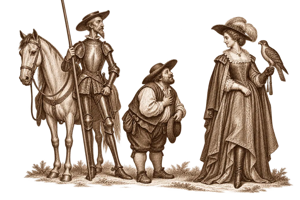 Sancho addresses the duchess, who holds a hawk, before Don Quixote.