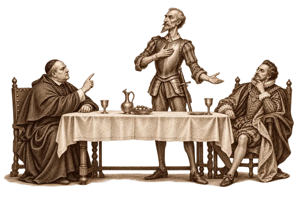 Don Quixote rises to answer the ecclesiastic during dinner with the duke.