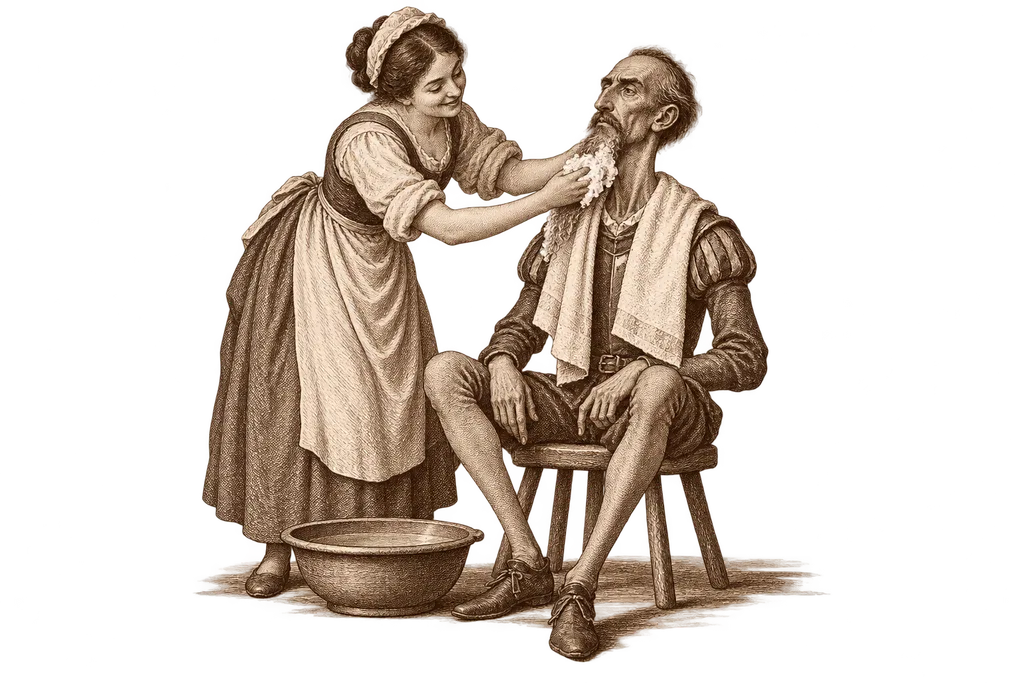 A maid washes and soaps Don Quixote's beard at the ducal residence.