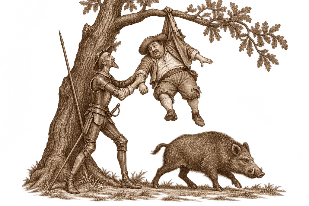 Don Quixote helps Sancho down from an oak during the boar hunt.
