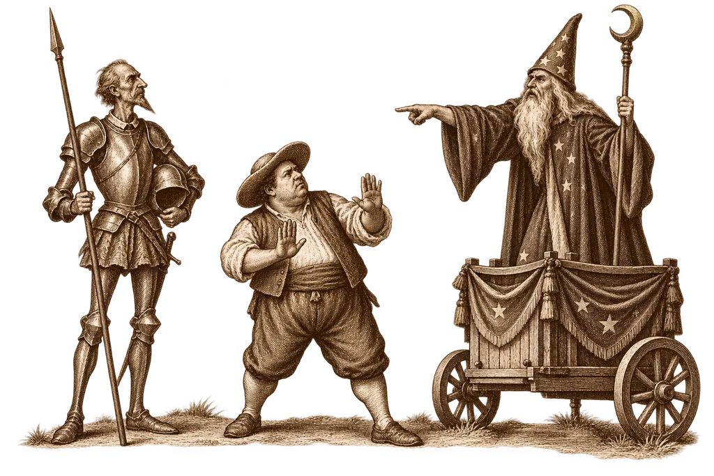 El Merlín de la representación ordena a Sancho que se azote ante Don Quijote.