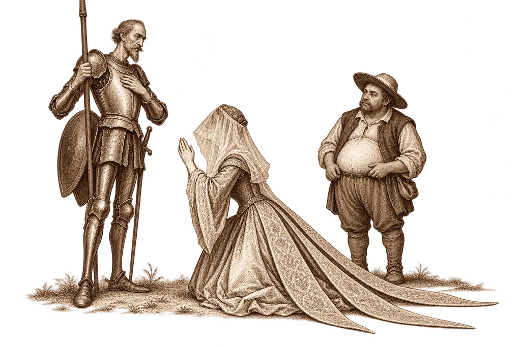 Countess Trifaldi asks Don Quixote and Sancho for help.