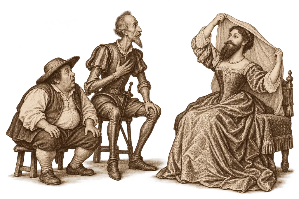 Trifaldi levanta el velo y revela su barba ante Don Quijote y Sancho.