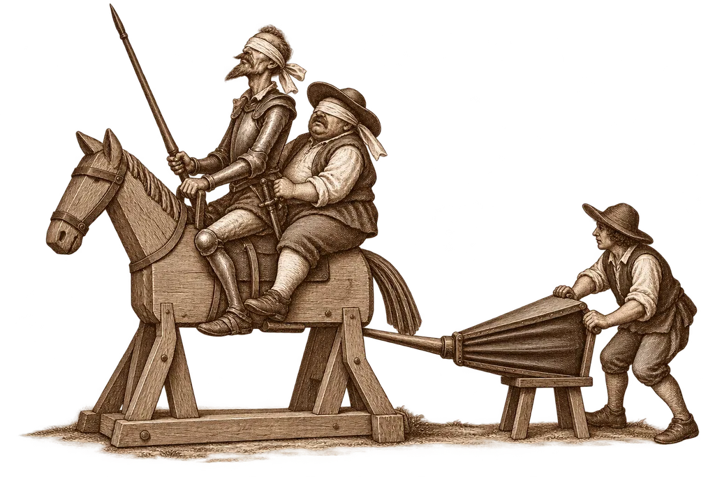 Don Quijote y Sancho montan a Clavileño con los ojos vendados mientras un criado mueve los fuelles.