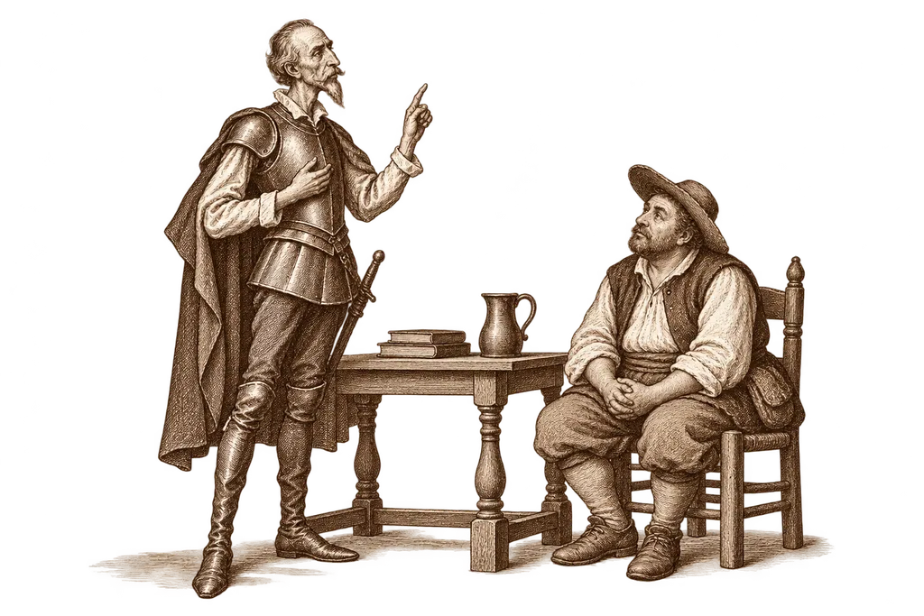 Don Quixote advises Sancho before his governorship of Barataria.