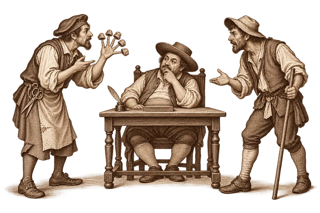 Sancho judges the dispute involving the tailor's five tiny caps.