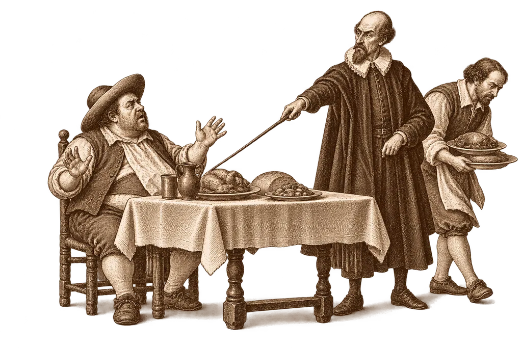 El doctor Pedro Recio ordena retirar los platos del hambriento gobernador Sancho.