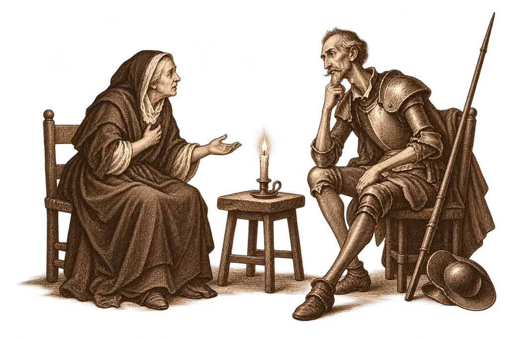 Doña Rodríguez tells Don Quixote about the wrong done to her daughter.