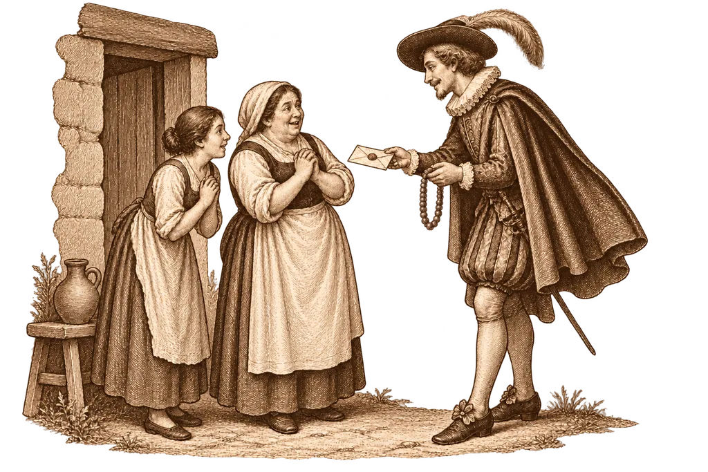 The duchess's page brings letters and gifts to Teresa and Sanchica.