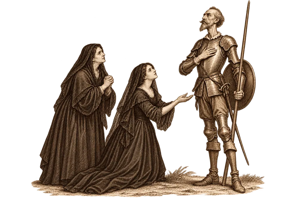 Doña Rodríguez and her daughter ask Don Quixote to defend their cause.