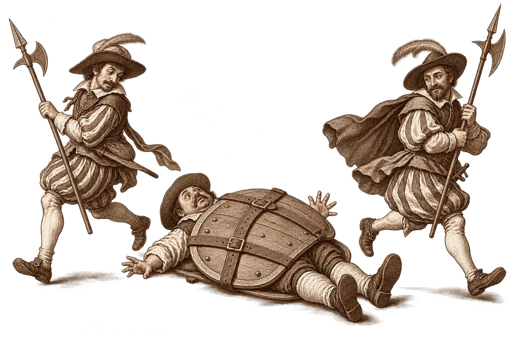 Sancho is trapped between two shields during the mock attack on Barataria.
