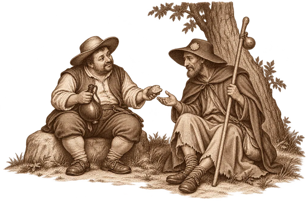 Sancho shares food with his former neighbor Ricote, dressed as a pilgrim.