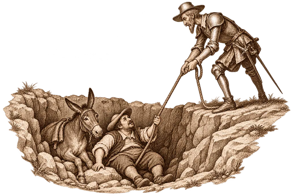 Don Quijote encuentra a Sancho y su asno atrapados en una sima.