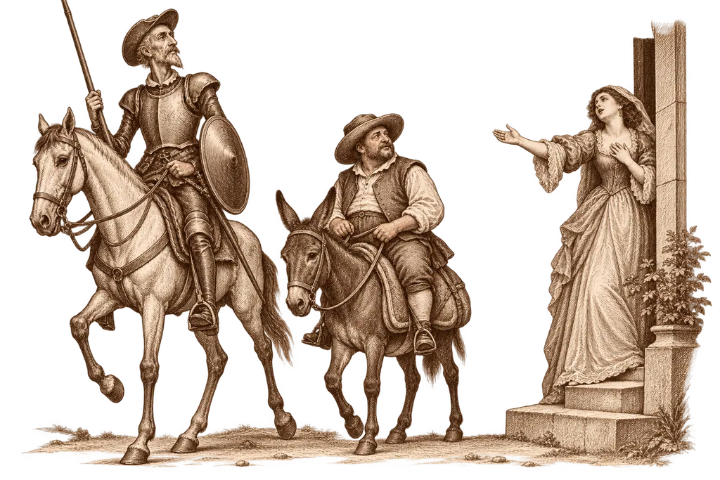 Altisidora sings her farewell as Don Quixote and Sancho leave the castle.