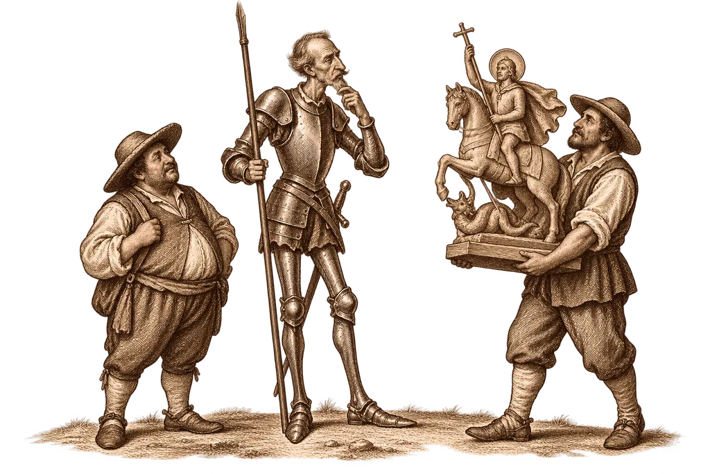 Don Quixote and Sancho examine a carved saint intended for an altarpiece.