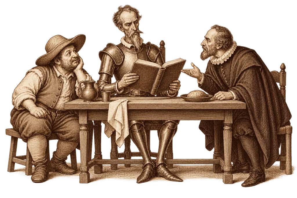 Don Quijote examina el libro de la continuación de Avellaneda en una venta.