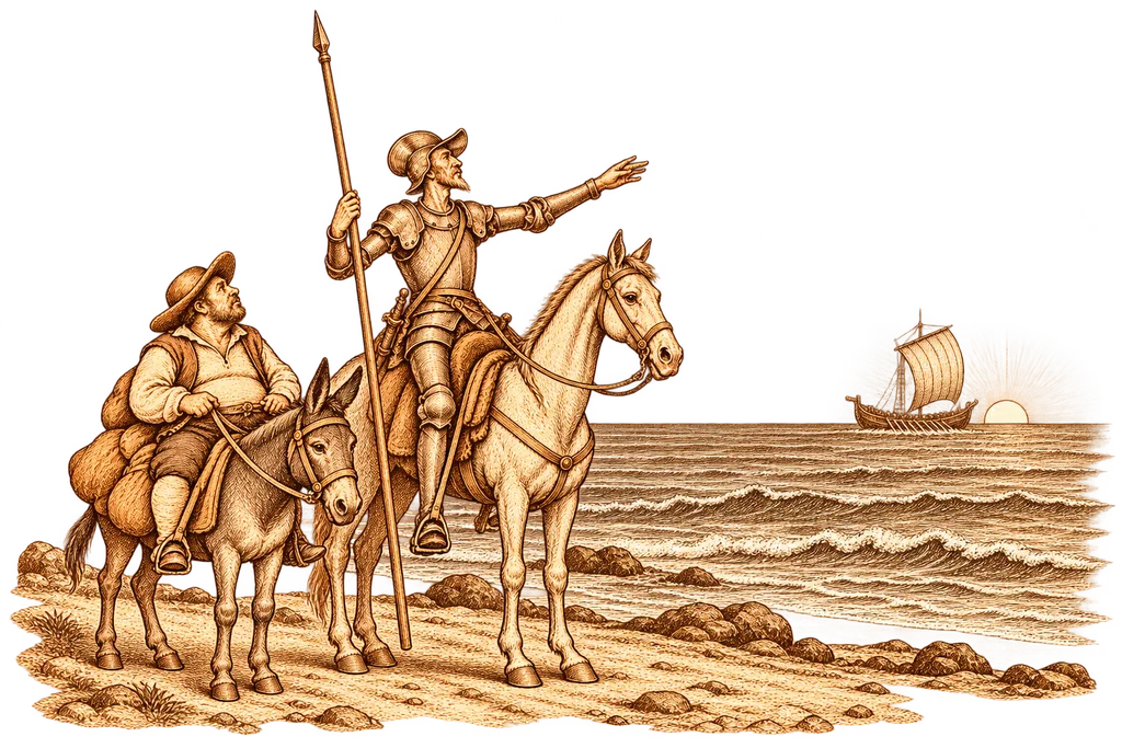 Don Quixote and Sancho see the sea for the first time in Barcelona.