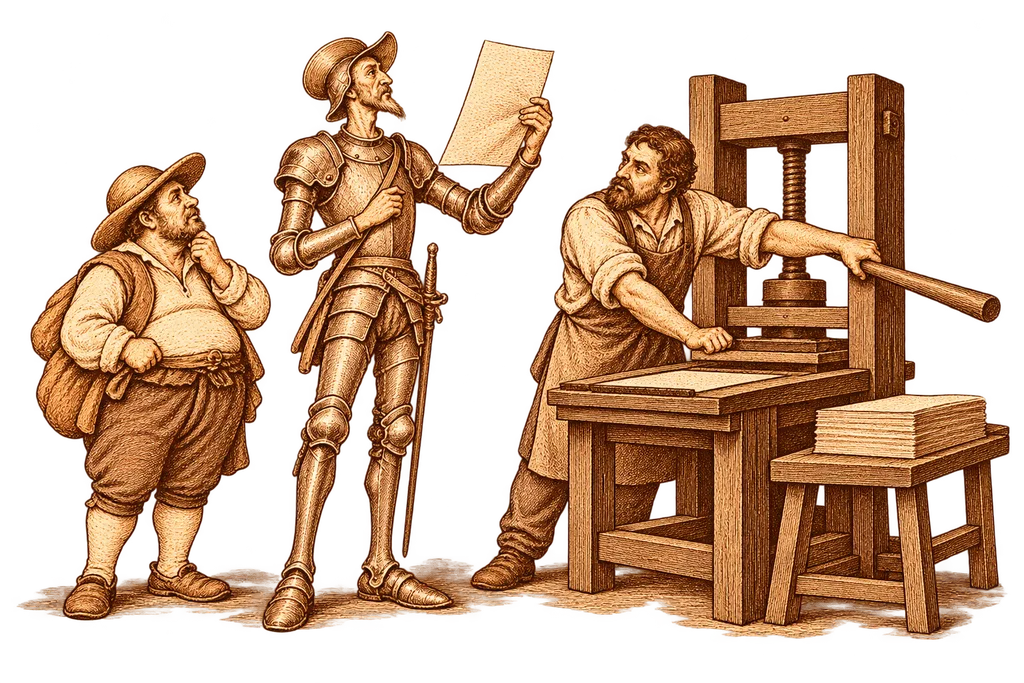 Don Quixote and Sancho observe a printing press in Barcelona.