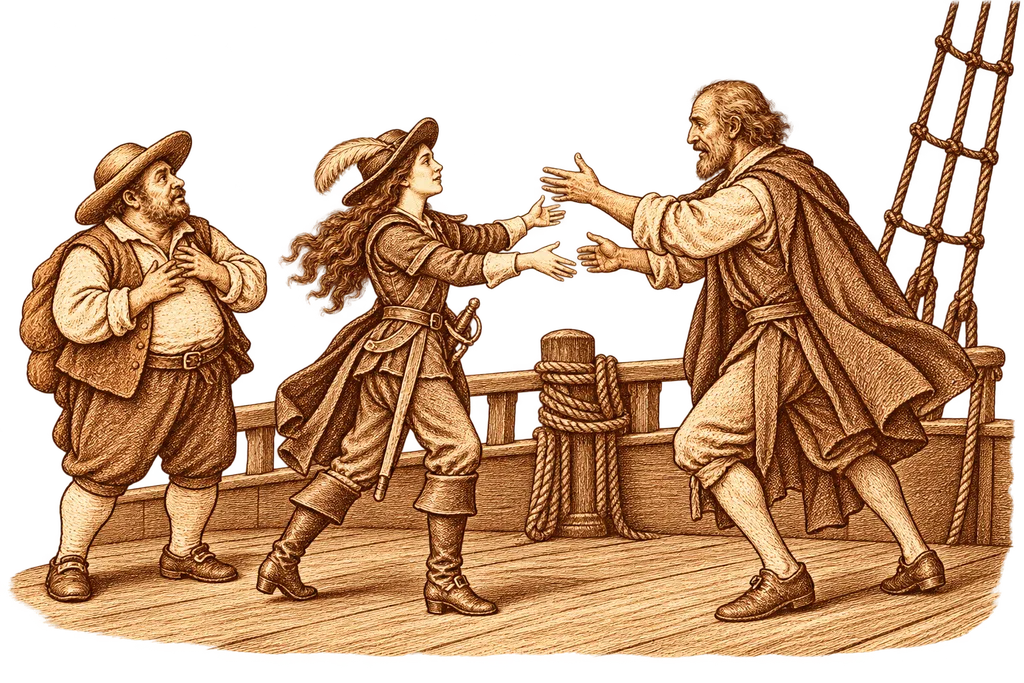 Ricote recognizes his daughter Ana Félix aboard the galley as Sancho watches.