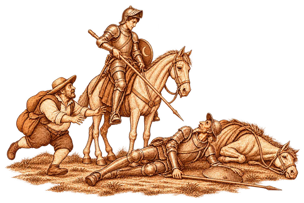 Sancho helps Don Quixote after his defeat by the Knight of the White Moon.