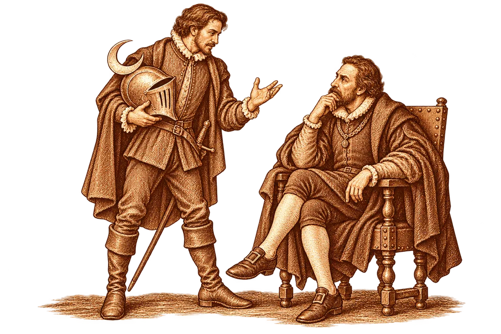 Sansón Carrasco reveals his identity as the Knight of the White Moon to Don Antonio.